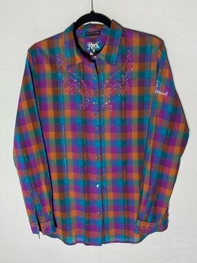 Wrangler Rock 46 Multicolour Plaid Calgary Stampede Crystal Snap Shirt L Cowgirl